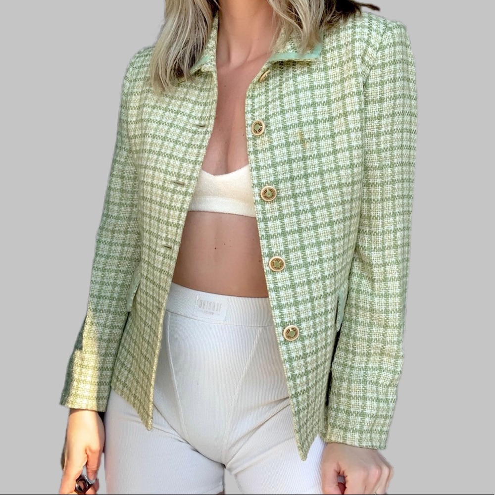 Vintage Pistachio Green Tweed Blazer Jacket Small - Picture 1 of 8
